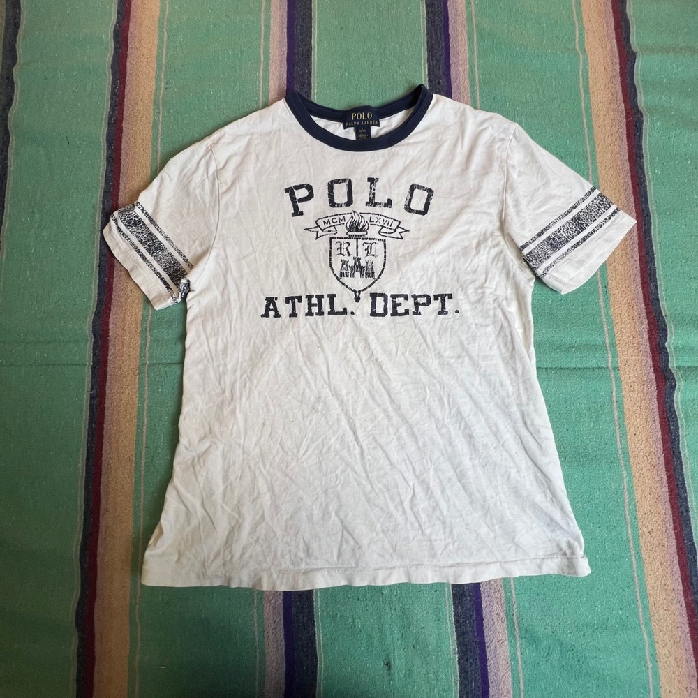 Polo Ralph Lauren T-Shirt Boys L 14-16 White Navy Graphic Athl Dept Varsity Tee